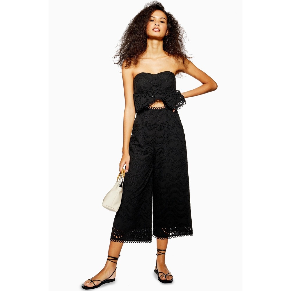 NWOT Topshop Black Eyelet Strapless Jumpsuit Womens 4 Ruffle Culotte Cutout